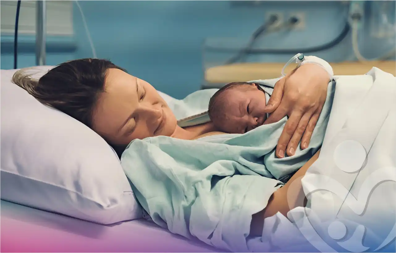 Painless delivery – mother in labour ward looking relaxed